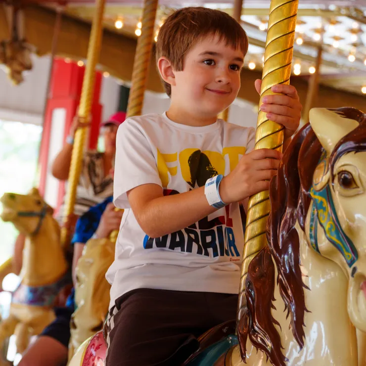 Smiling young boy on Grand Carousel ride horse