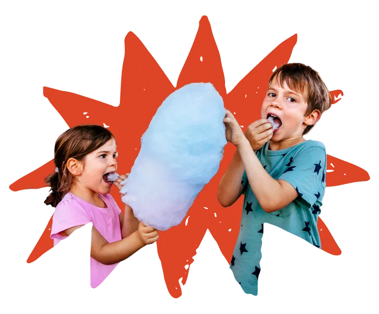 Stylized burst image of two children eating cotton candy